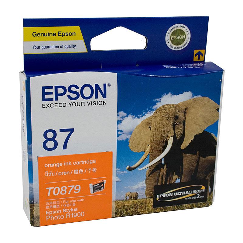 EPSON T0879 Orange Ink Cartridge with vibrant orange color, designed for high-quality printing.